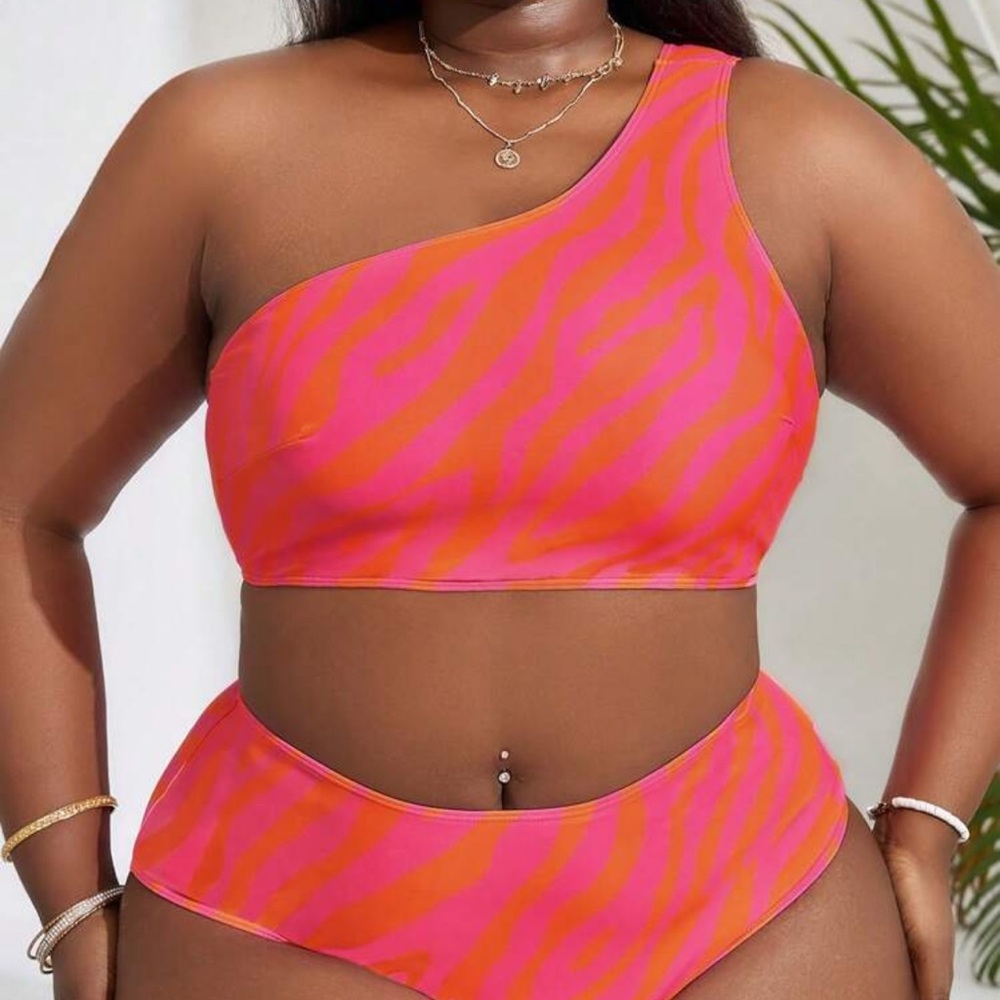 One-Shoulder Pink and Orange Zebra Print Bikini